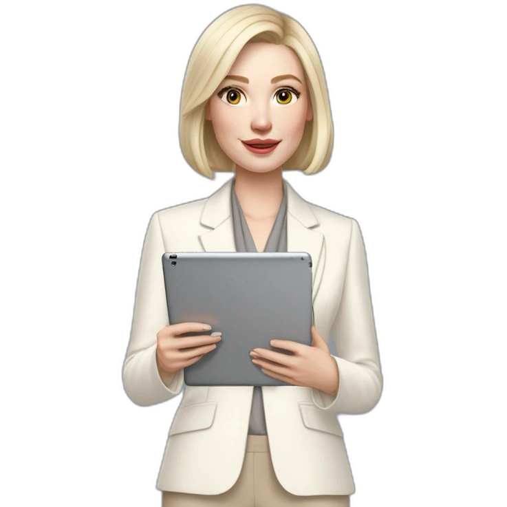 pale skin woman with ash blonde Straightened bob Hair, White Spacious classical jacket, beige palazzo Arrow pants and gray blouse holding a IPad Pro 12.9” in the hands emoji