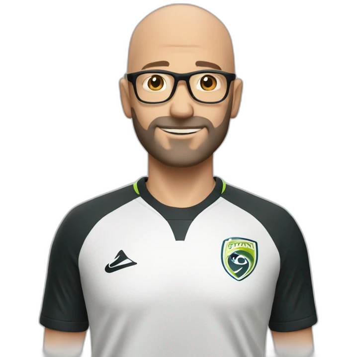 Soccer 43 year slim male bald short beard glasses emoji