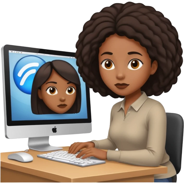 black woman working on a computer, hiding behing her computer, no brand on the computer, focused on the screen emoji
