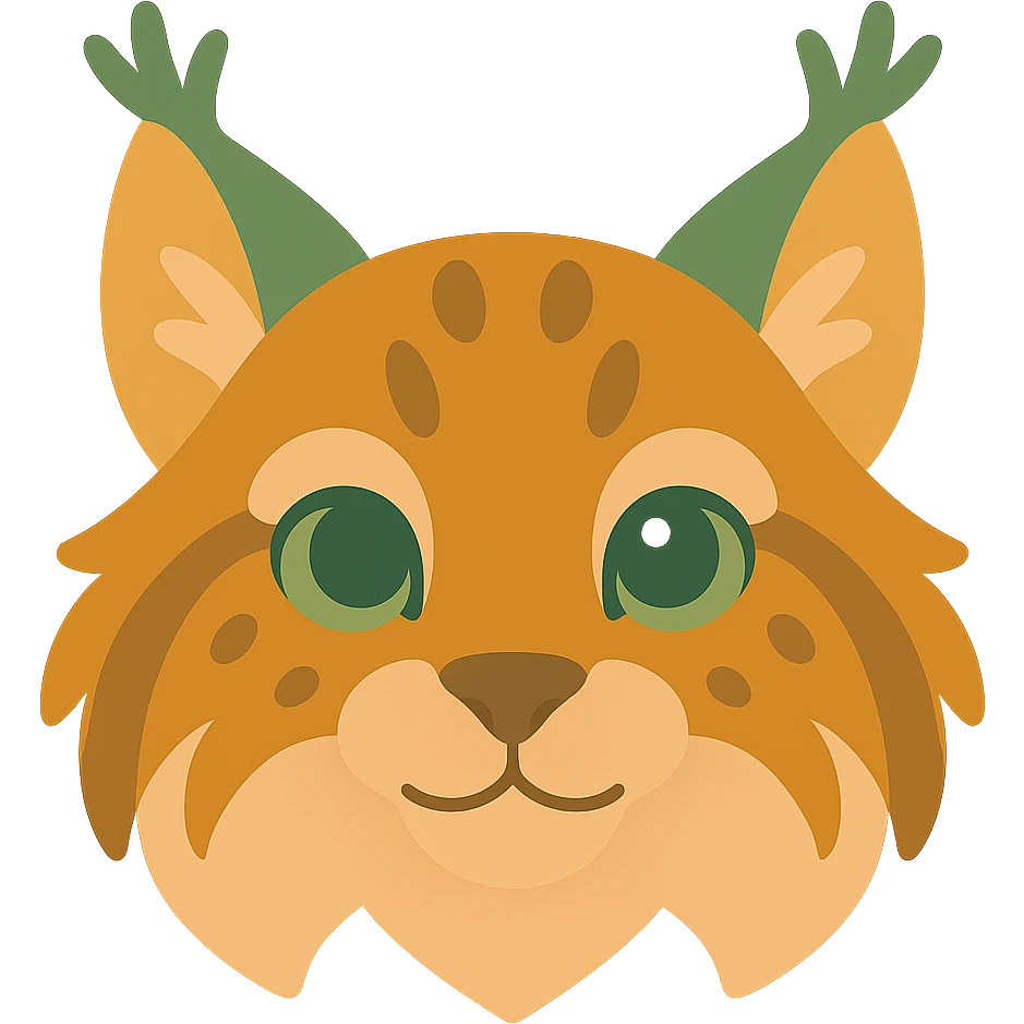 A cute and soft lynx face with big, expressive eyes, designed in a warm and magical color palette: golden orange (FA9B41), forest green (4A7C5C), muted taupe brown (96775A), and pastel peach (FFCC9A). The lynx’s fur is fluffy and soft, with a mix of warm browns and golden highlights. Its ears are tipped with tufts of fur in greenish tones, and its cheeks are gently rounded with subtle peach accents. The eyes are bright and curious, surrounded by soft fur in the warm color palette. The overall look is adorable, serene, and enchanting, evoking a gentle, woodland atmosphere. emoji