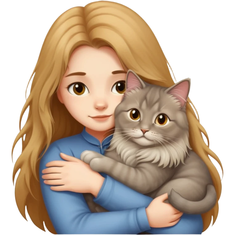 A long-haired girl hugs a British longhair cat tightly emoji