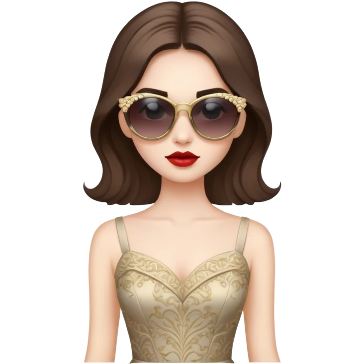 a pale brunette girl with elaborate makeup and dress, wearing sunglasses, confident emoji