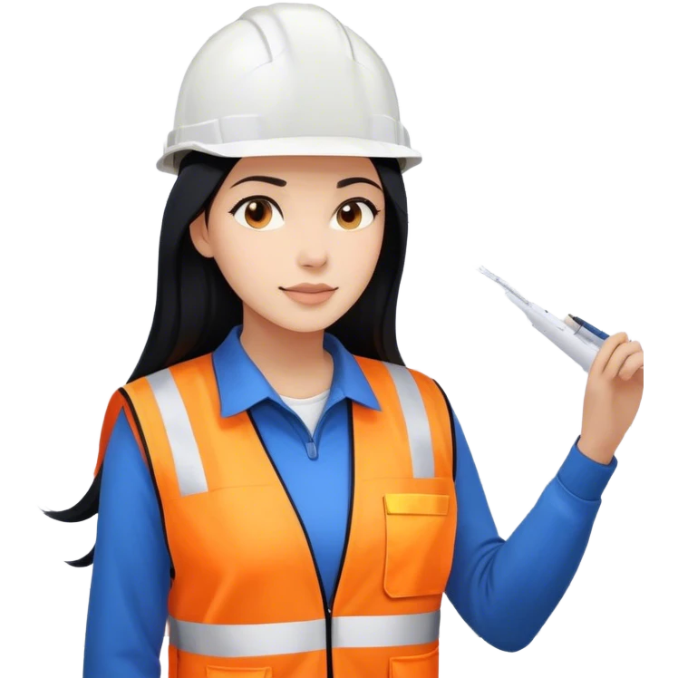 Female civil engineer with long black hair and white helmet wearing white shirt, blue sweater and an orange safety vest looking at big drawing plan  emoji