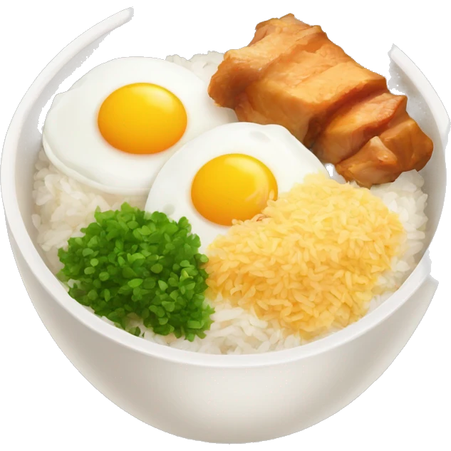 a bowl of rice with two eggs and two chicken thigh emoji