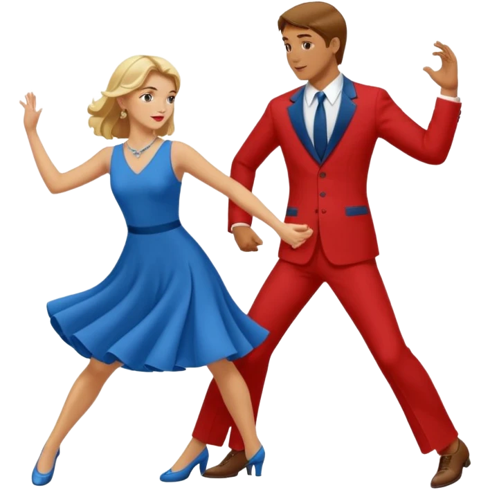 Two people. Man wearing all  RED with brown hair. Women  ALL blue with blond hair. Swing Dancing. Need four legs emoji