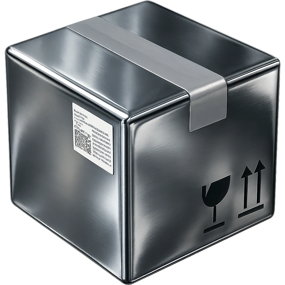 Turn this package into a chrome style box, metallic, shiny, modern, keep the same shape and tape details. emoji