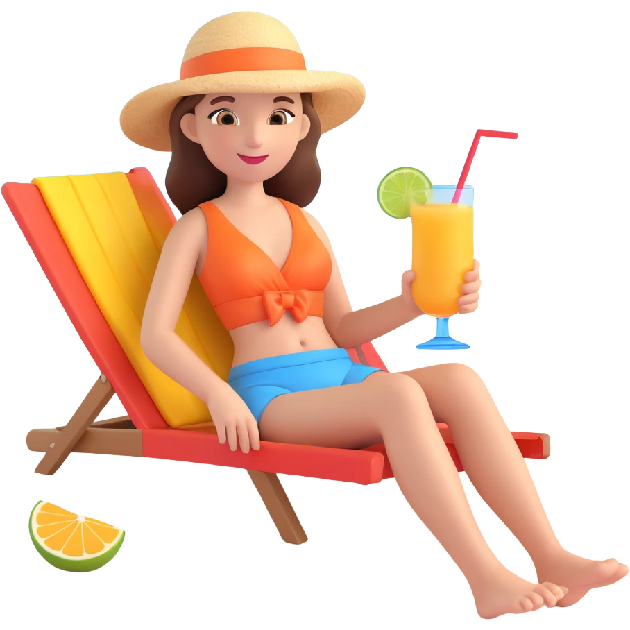 girl relaxing on a sunny beach holding a colorful cocktail enjoying holiday emoji