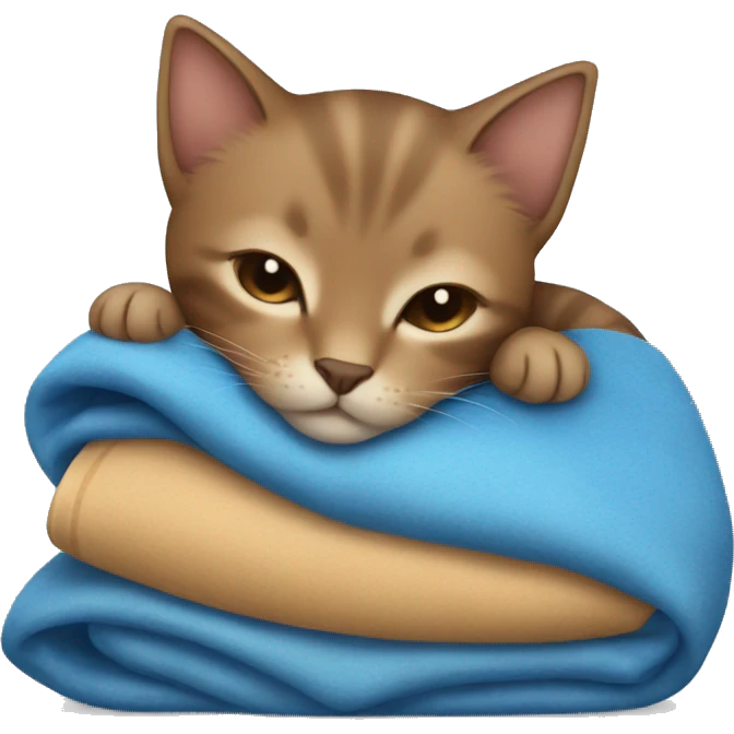 Brown kitten sleeping with blue banket  emoji