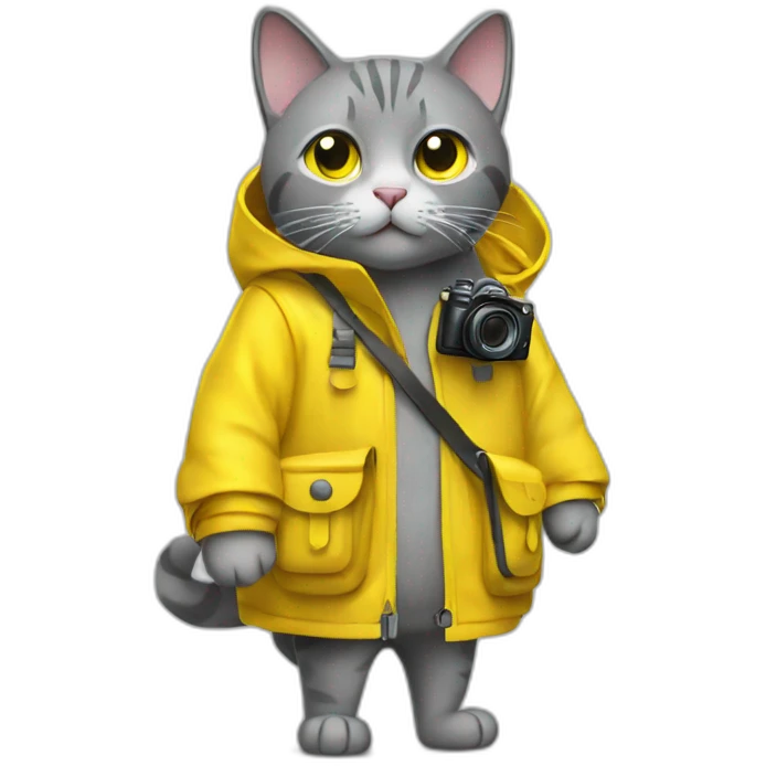 Grey cat with camera and a raincoat, yellow bagpack  emoji