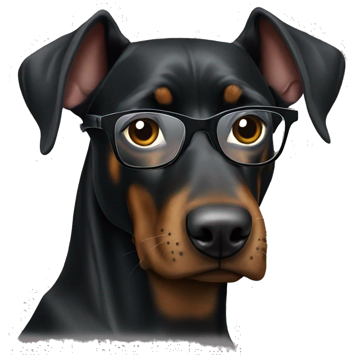 black Doberman with brown spots in a gray sweatshirt and wearing glasses with black frames, positive emoji