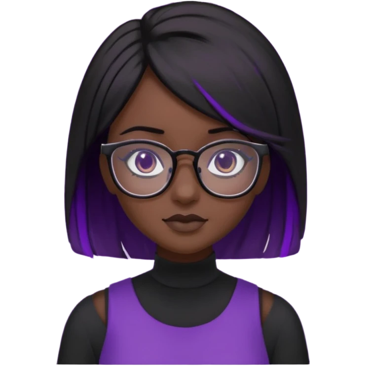 chica bonita con ligero cabello negro con rayas moradas que llega hasta los hombros con lentes cuadrados de estatura pequeña con ropa negra con otro estilo de cabello emoji