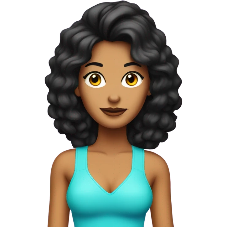 Tanned woman with black hair wearing 1980s style neon outfit and hair emoji