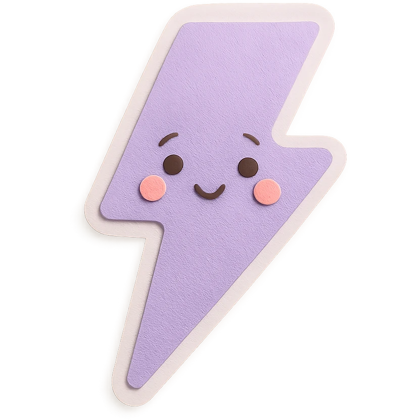 cute lavender lightning bolt with soft glow and shy face, no arms or legs, full body, soft pastel palette emoji