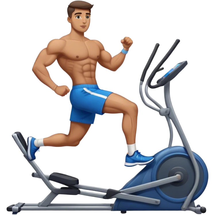 buff guy in blue shorts using elliptical emoji