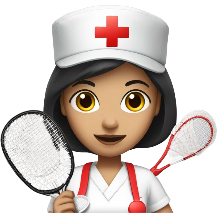 short black hair female nurse with red cross sign hat playing badminton emoji