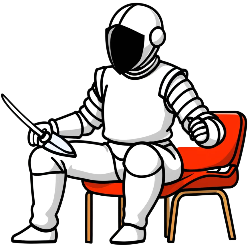 epee fencer sitting on stool holding mask under arm before match emoji