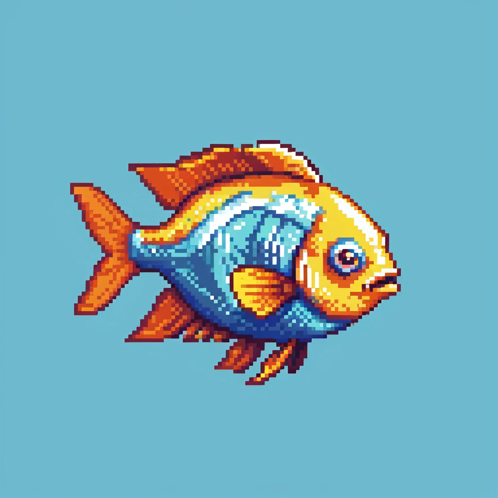Tropical colorful fish for Minecraft inventory, eye pointing down-left at 45-degree angle, square texture, pixel art game asset emoji
