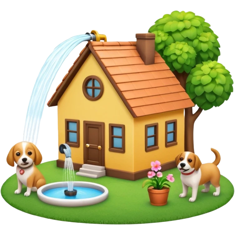 Make a 3D emoji Illustration of A house and there is a woman watering her plants while a dog is playing around on the grass emoji