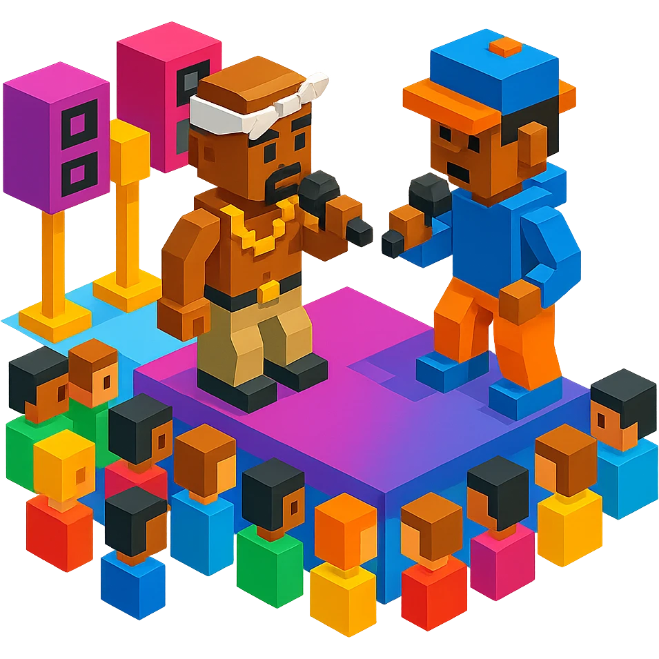 Lego 2Pac in a rap battle, facing off against another rapper, detailed crowd and stage emoji
