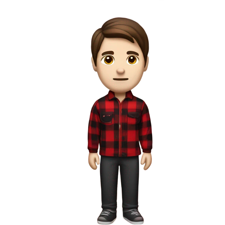 Man with straight brown hair and brown eyes wearing red and black buffalo plaid pjs. White skin. Full body. emoji