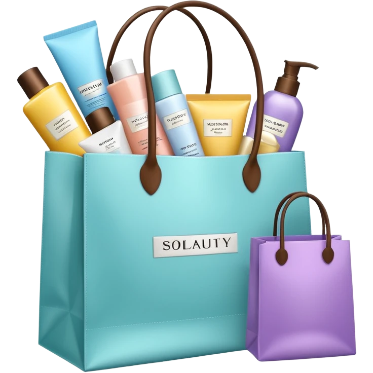 Gift bag with beauty products (shampoo, creams, styling products), a gift bag is beautyful open box full of luxury brand-labeled beauty products emoji