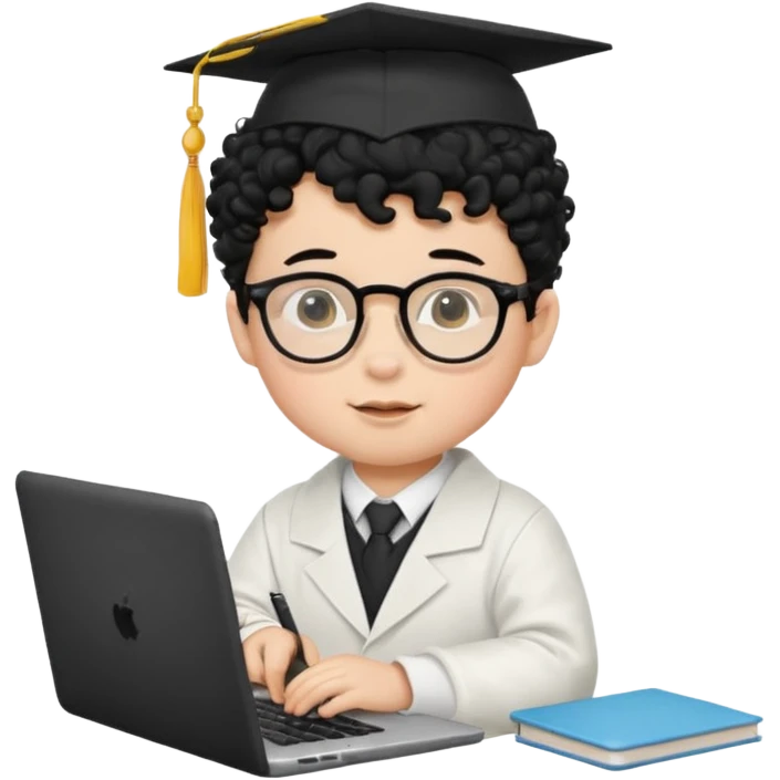 A baby boy DEVELOPER WITH A laptop, black curly hair and topknot, wearing glasses and a mortarboard emoji