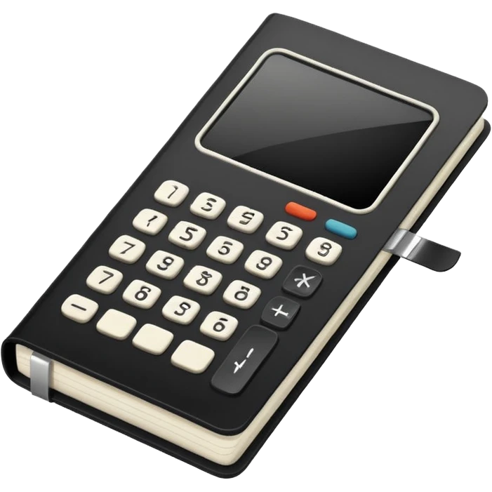 Minimalistic flat vector icon, iOS style, thin black contour on white background. Small black notebook with visible binding, placed next to a calculator. Clean, modern, no text, no shadows. emoji