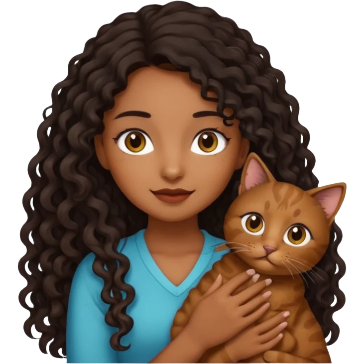 Brown skinned girl with long curly black hair holding brown cat  emoji