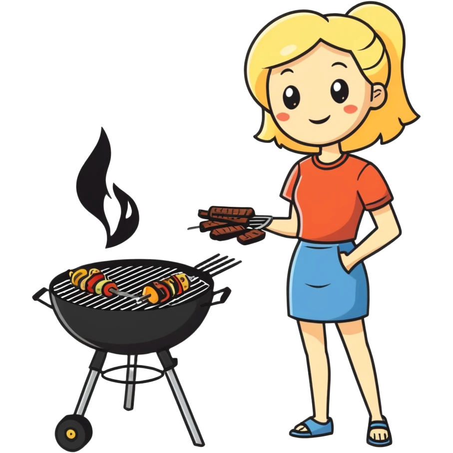 Beautiful blonde woman grilling on a barbecue outside  emoji