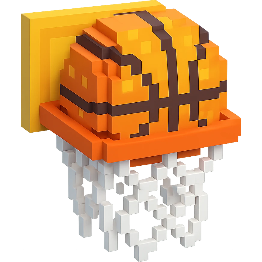 Voxel-style basketball in a net, variation 1 emoji