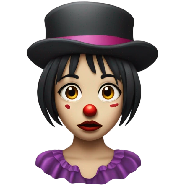 Sad clown girl wearing jesters hat with short chin length straight black hair exaggerated expression of sadness on her face  emoji