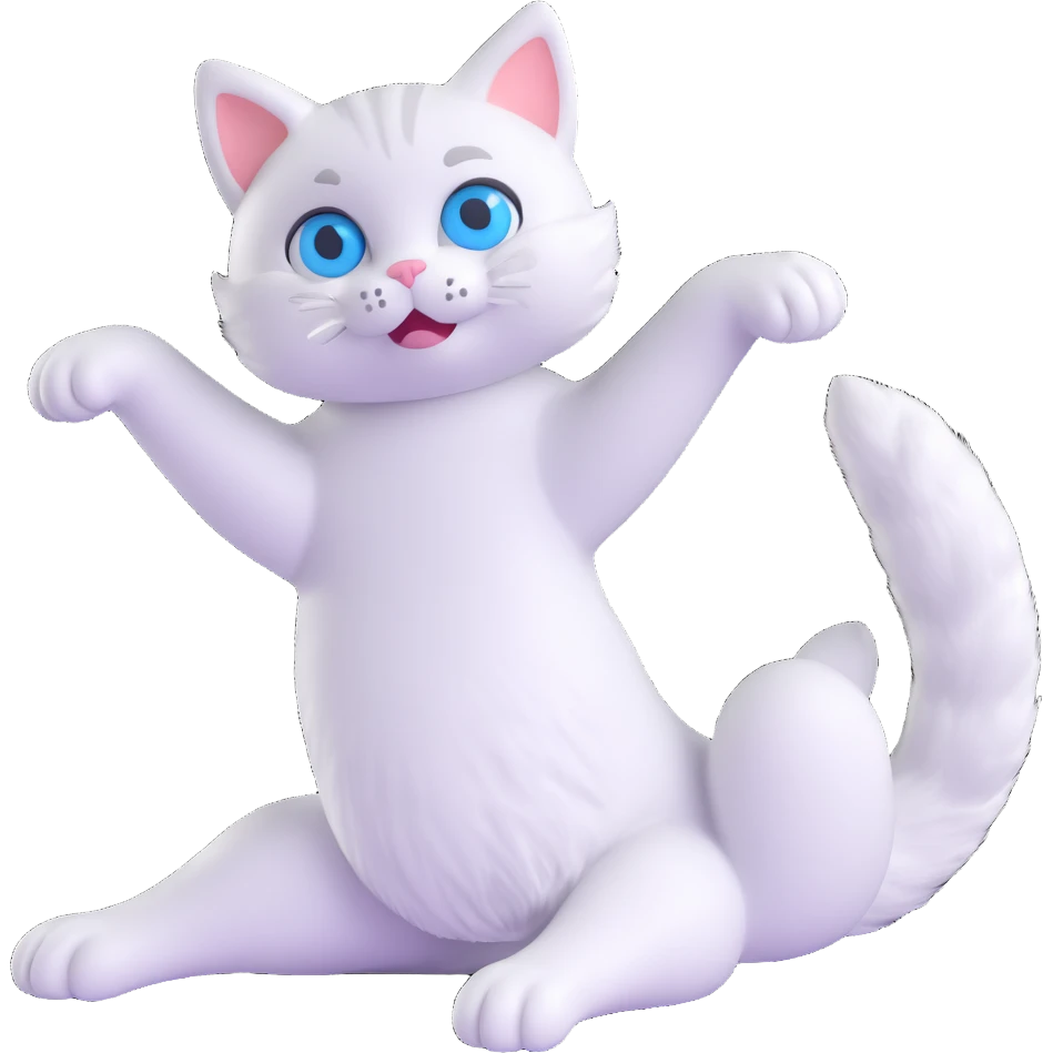 3d style cat, stretching, white fur, blue eyes emoji