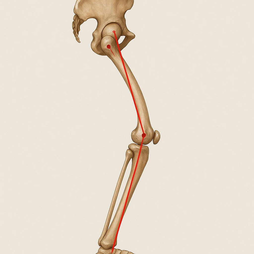 Hyperrealistic anatomical illustration 4K, rear view, 1:1 proportion, valgus knee seen from the side, pelvis bones, femur, tibia, and fibula clearly highlighted, red mechanical axis line, realistic details, medical style, neutral background. emoji