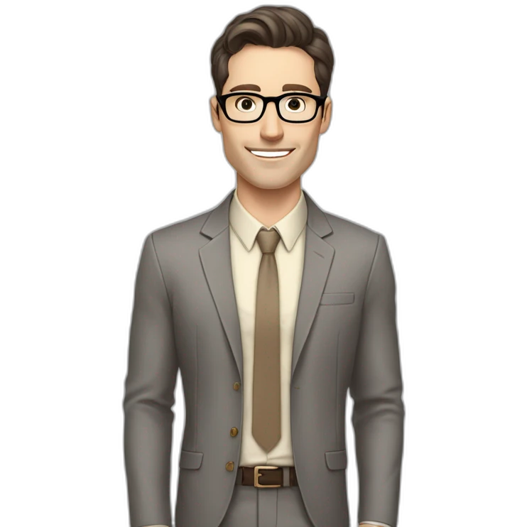 Pale skinned fit man with dark brown hair in gray jacket, beige office shirt, brown tie, brown pants and vintage glasses Writing text on a marker board emoji
