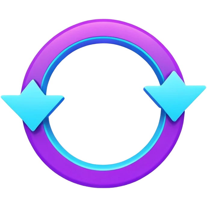 Circular loop arrow in Virtuosa style: smooth rounded shape forming a full loop, neon blue (#00A9F4) and violet (#9A1AFF) glow, futuristic 3D look, friendly and modern. No text. Full background. emoji