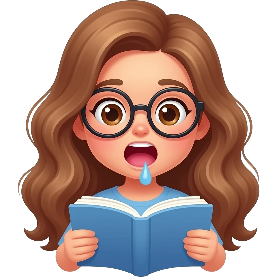 detailed emoji illustration of a curvy woman with long light brown wavy hair, light brown eyes and round glasses reading a book while yawning, late night reading instead of sleeping, cozy vibe, cute emoji style emoji