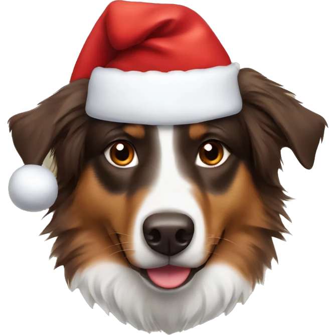 brown australian shepherd wearing santa hat emoji