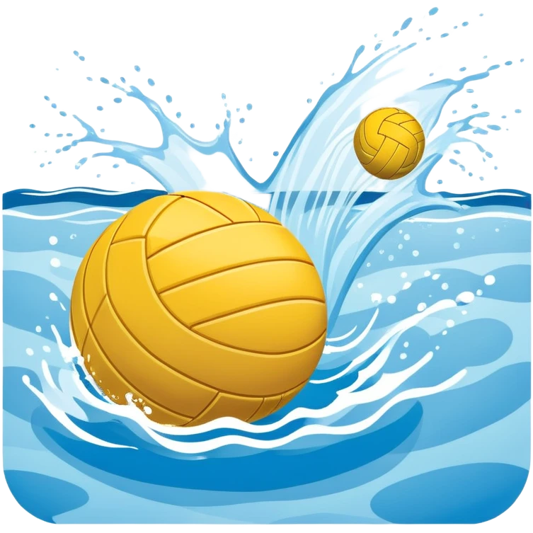 An icon featuring a yellow water polo ball floating on the water with goals in the background, inside a swimming pool. The design includes splashes and ripples, symbolizing the fast-paced action and strategy of water polo. Transparent background highlights. emoji