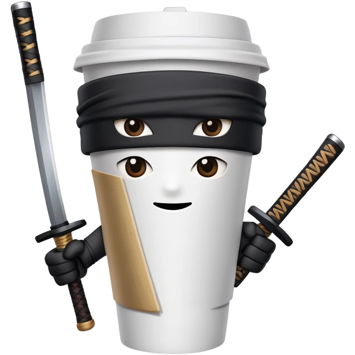 A paper coffee cup with arms and eyes, wearing a black ninja headband and wielding a samurai katana emoji
