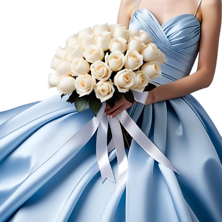 Against a soft, misty blue satin backdrop, a luxurious bouquet of powder blue and ivory roses is elegantly tied with a wide, flowing pearl-white silk ribbon that cascades gently onto the surface. Floating gracefully above the bouquet, a cluster of metallic pearl balloons in shades of silver-blue and soft champagne reflects the ambient light, casting a delicate shimmer. A few loose rose petals rest on the fabric, adding to the dreamy, romantic atmosphere. emoji