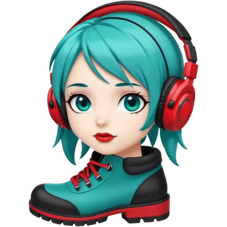 
A girl with teal hair with red and black head phones teal eyes black and teal long boots emoji