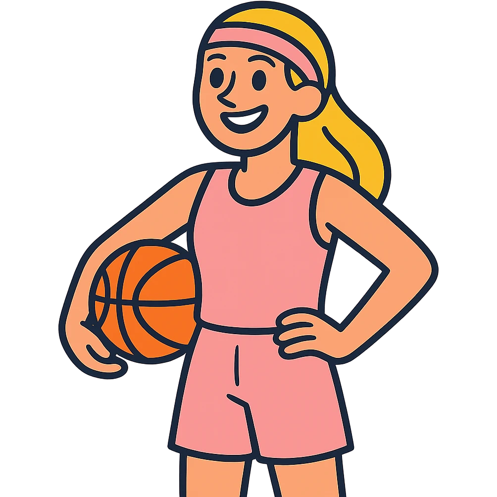 blonde white female basketball player wearing pastel pink basketball uniform holding orange basketball on hip smiling vibrant toon style no text emoji