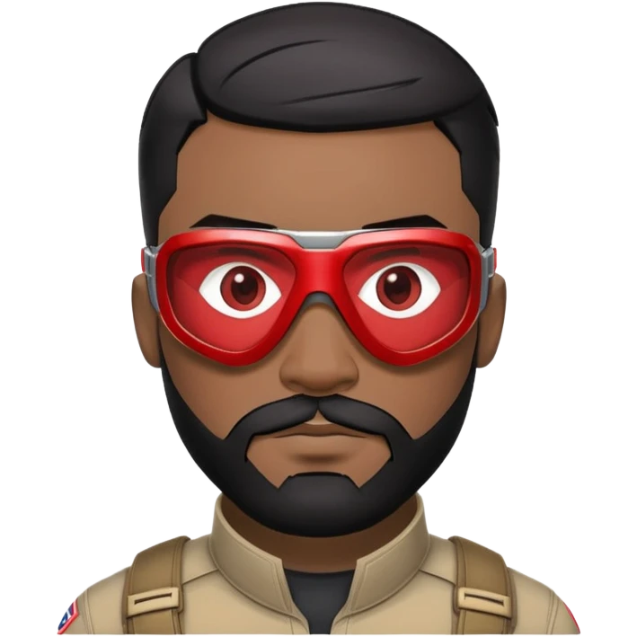 sam wilson with  short, neatly cropped black hair and a well-groomed beard that connects to his mustache,  wear sleek, red-tinted tactical goggles fit snugly from captain america: civil war emoji