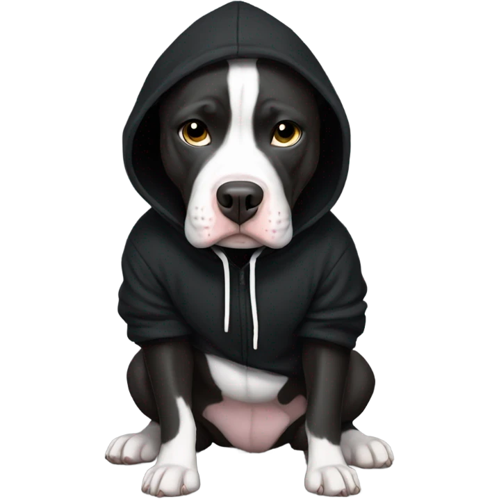A sad black & white pitbull wear a black hoodie  emoji