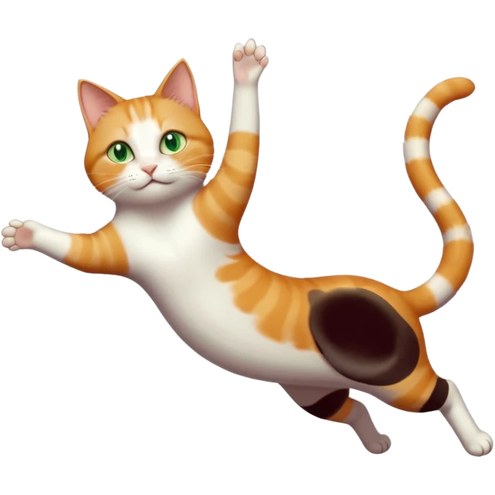 ginger and white cat with green eyes doing a big extremely long stretch reaching up into the air with arms and legs side by side together straight and overextended whilst lying on its side emoji
