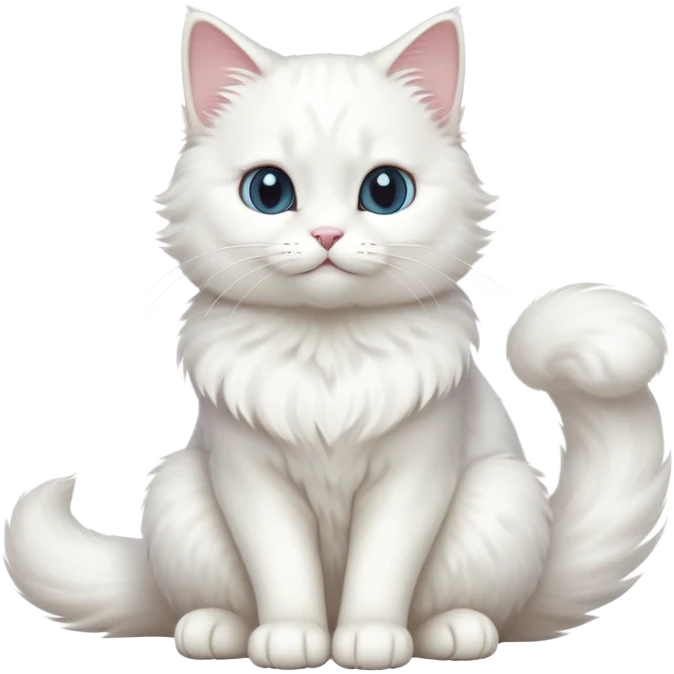cinematic-[white cat]-realistic-full-body-sitting-emoji,-tail-curled-playfully-around-its-paws,-head-tilted-dramatically,-fluffy-[white]-fur,-simplified-yet-realistic-focused-features,-highly-detailed,-glowing-with-an-almost-sarcastic-glow emoji