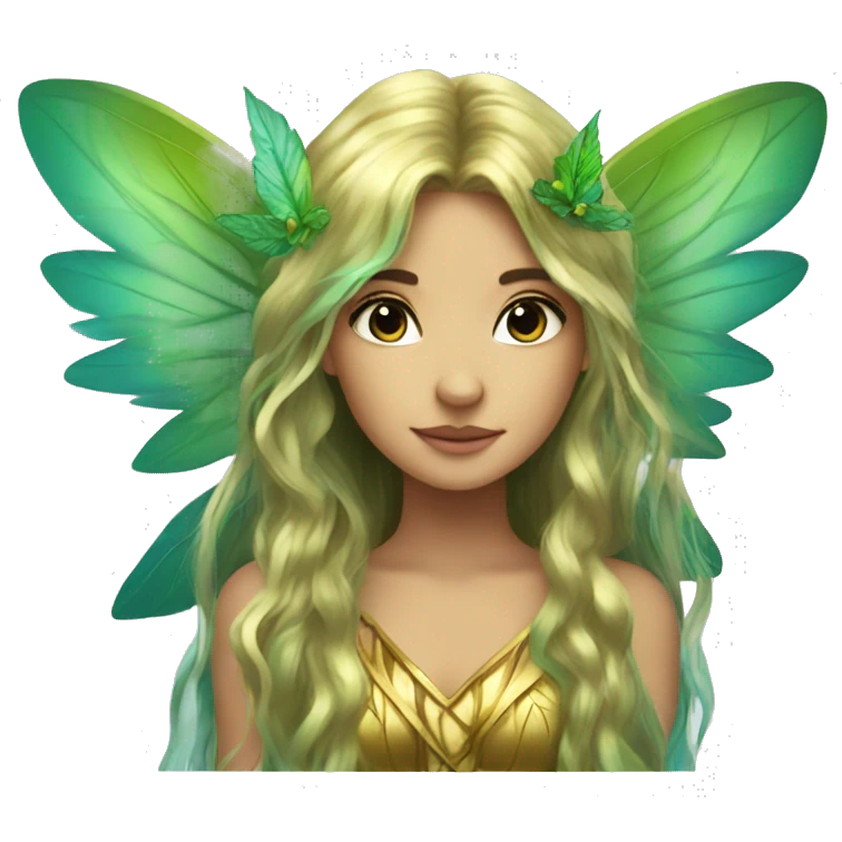 Beautiful, leaf, fairy, gold, turqoise, green, long hair, big wings emoji