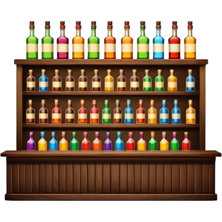 A wooden bar counter with rows of colorful liquor bottles lined up behind.
 emoji