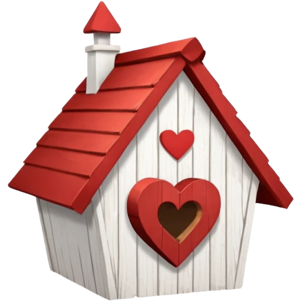a birdhouse with a normal circular hole and a red roof with the rest white and a heart at the top but below the roof emoji