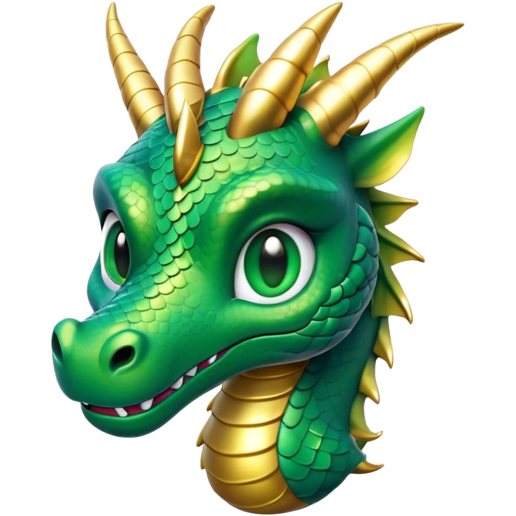 Cinematic Cute Dragon Portrait Emoji, Head tilted playfully and inquisitively, featuring a sleek, serpentine form adorned with iridescent scales that shift between emerald and gold, a delicate set of subtle horns, and round, sparkling eyes full of curious magic; rendered with realistic detail and warm natural light, high shine, affectionate and enchanting, styled with a touch of whimsical fantasy, soft glowing outline, capturing the essence of a mischievous yet lovable dragon that seems poised to slither playfully into your arms! emoji